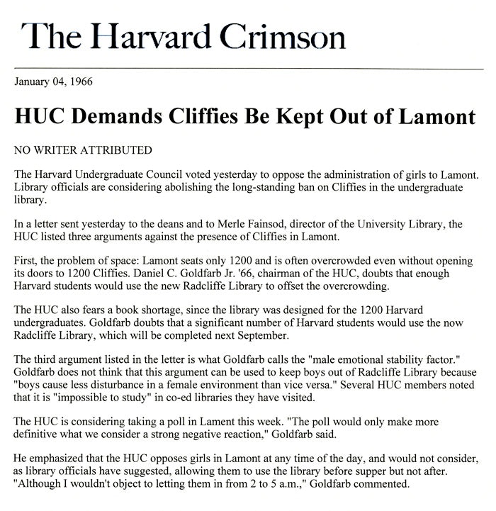 Harvard Crimson article about the decision to deny Radcliffe women access to Lamont Library describes the perils of allowing women into Lamont. The spokesperson for the Harvard Undergraduate Council, however, does not think there is serious risk in allowing men into the Radcliffe Library, January 1966_courtesy of Schlesinger Library