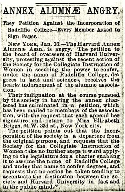 “Annex Alumnae Angry,” newspaper clipping_January 1894_courtesy of Schlesinger Library
