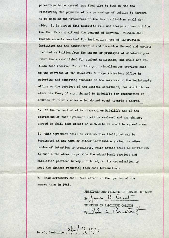 April 16 1943 Agreement between President and Fellows of Harvard College and Trustees of Radcliffe College_page 1_courtesy of Schlesinger Library