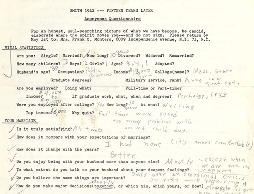 Betty Friedan's personal questionnaire-for Smith College classmates 15 years after graduation, 1957 (fragment)