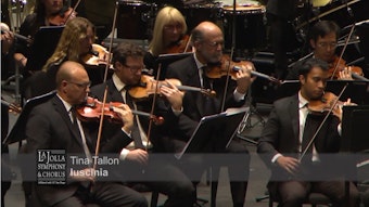 An orchestra's string section, mid-performance