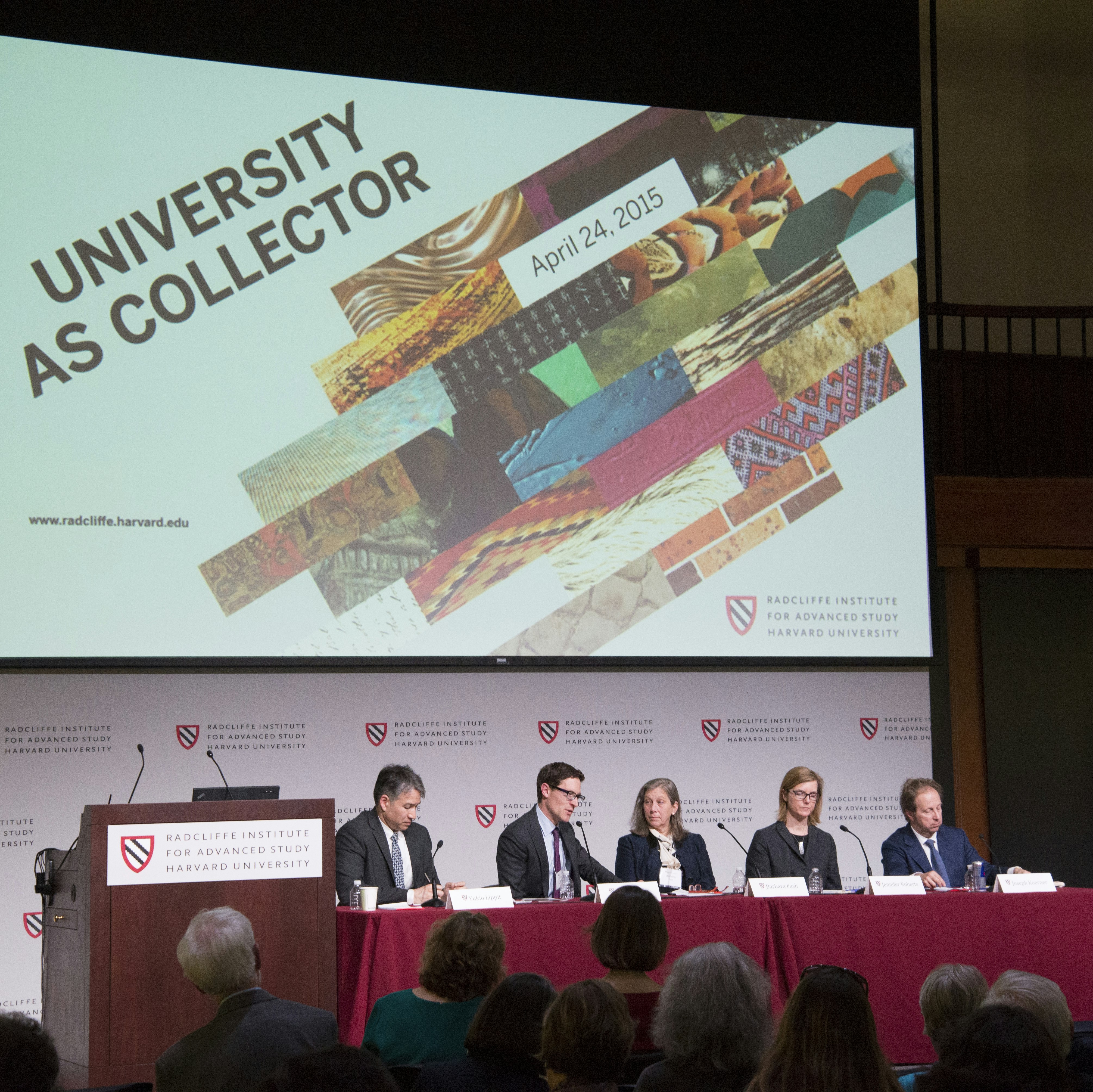 Panel at "University As Collector" featuring conference Powerpoint.