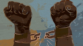 Illustration of two hands in fists breaking free from hand cuffs