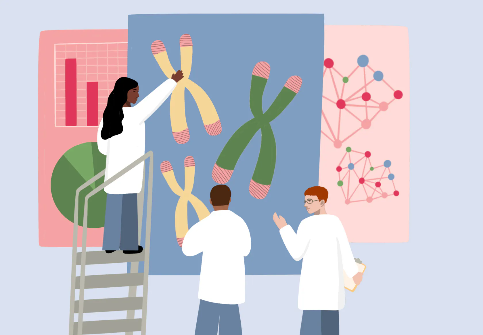 Illustration of a woman in a lab coat on a ladder touching a human-size chromosome as two men in lab coats look on