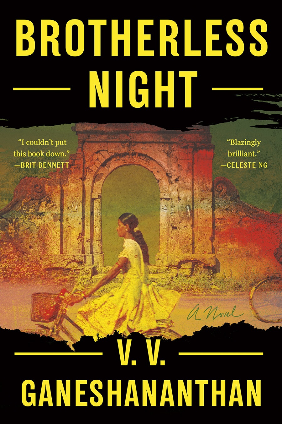 The cover of Ganeshgananthan's novel Brotherless Night, which shows an illustration of a girl with a long braid riding a bicycle