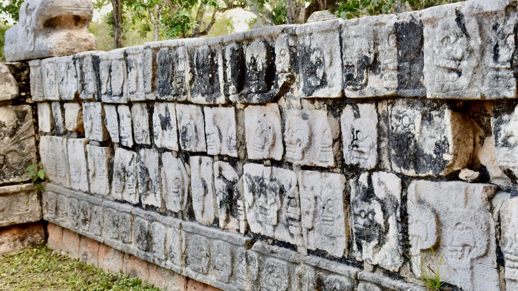 A stone wall, each stone carved with Maya pictograms of human skulls in profile.