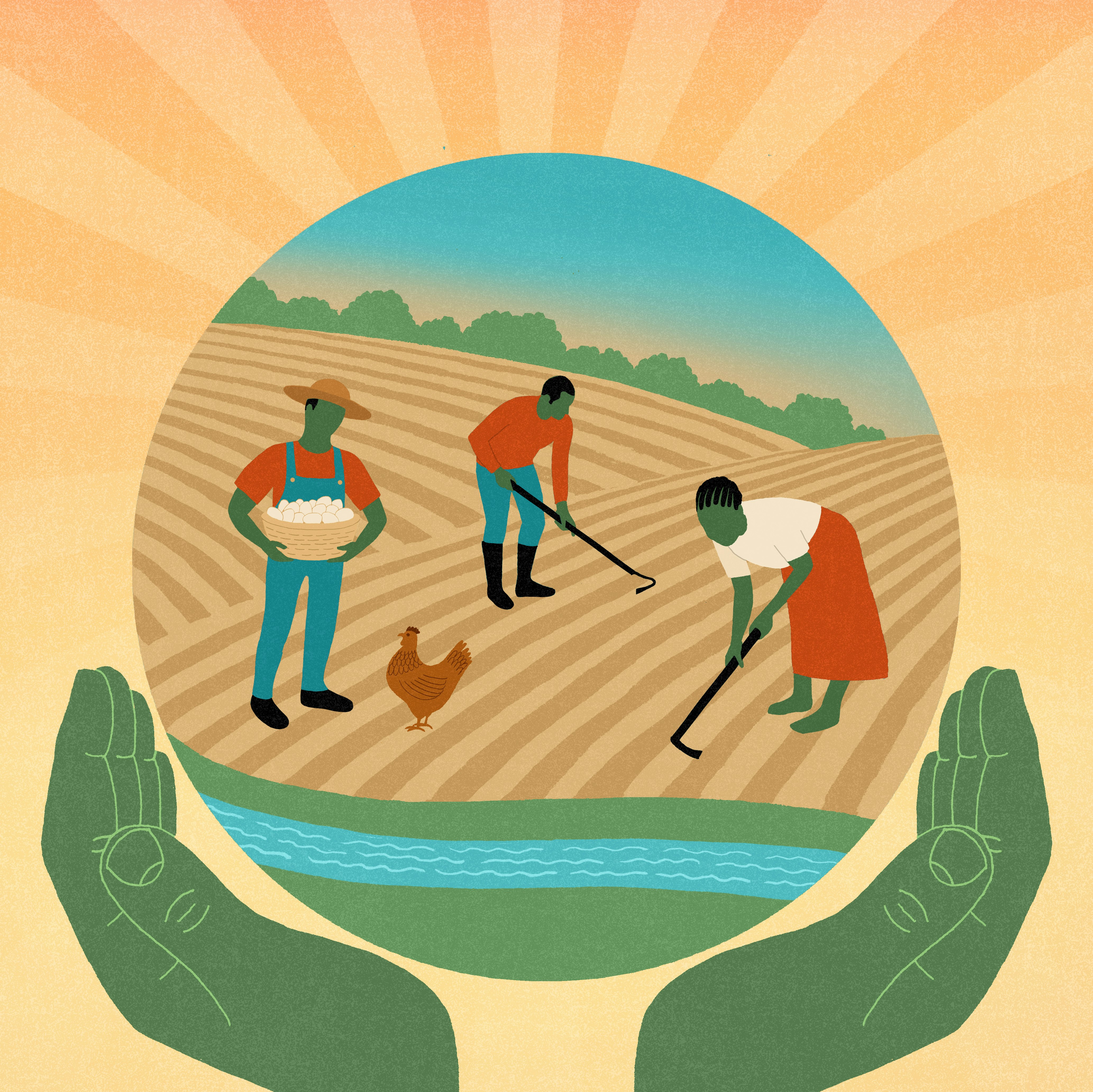 Illustration depicting hands around farmers working.
