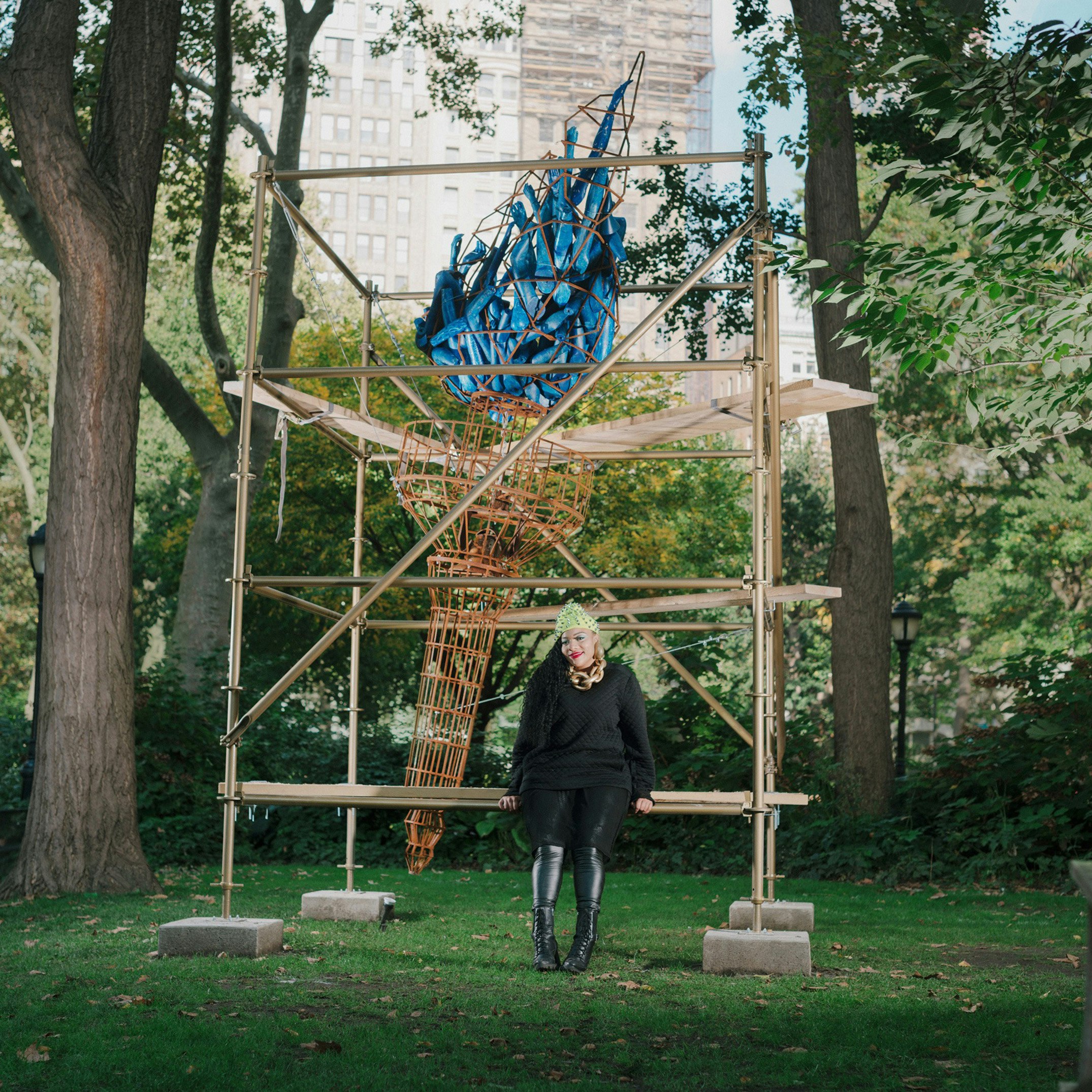 Abigail DeVille stands in front of her installation Light of Freedom, when it was installed in Madison Square Park.
