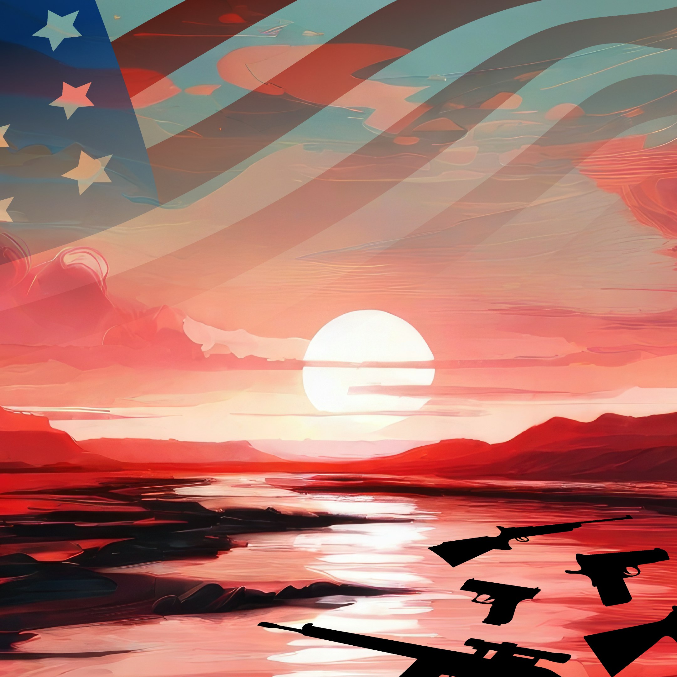 Illustration of an aAmerican flag flying over the sun setting on a moatly red river that has guns floating in it.