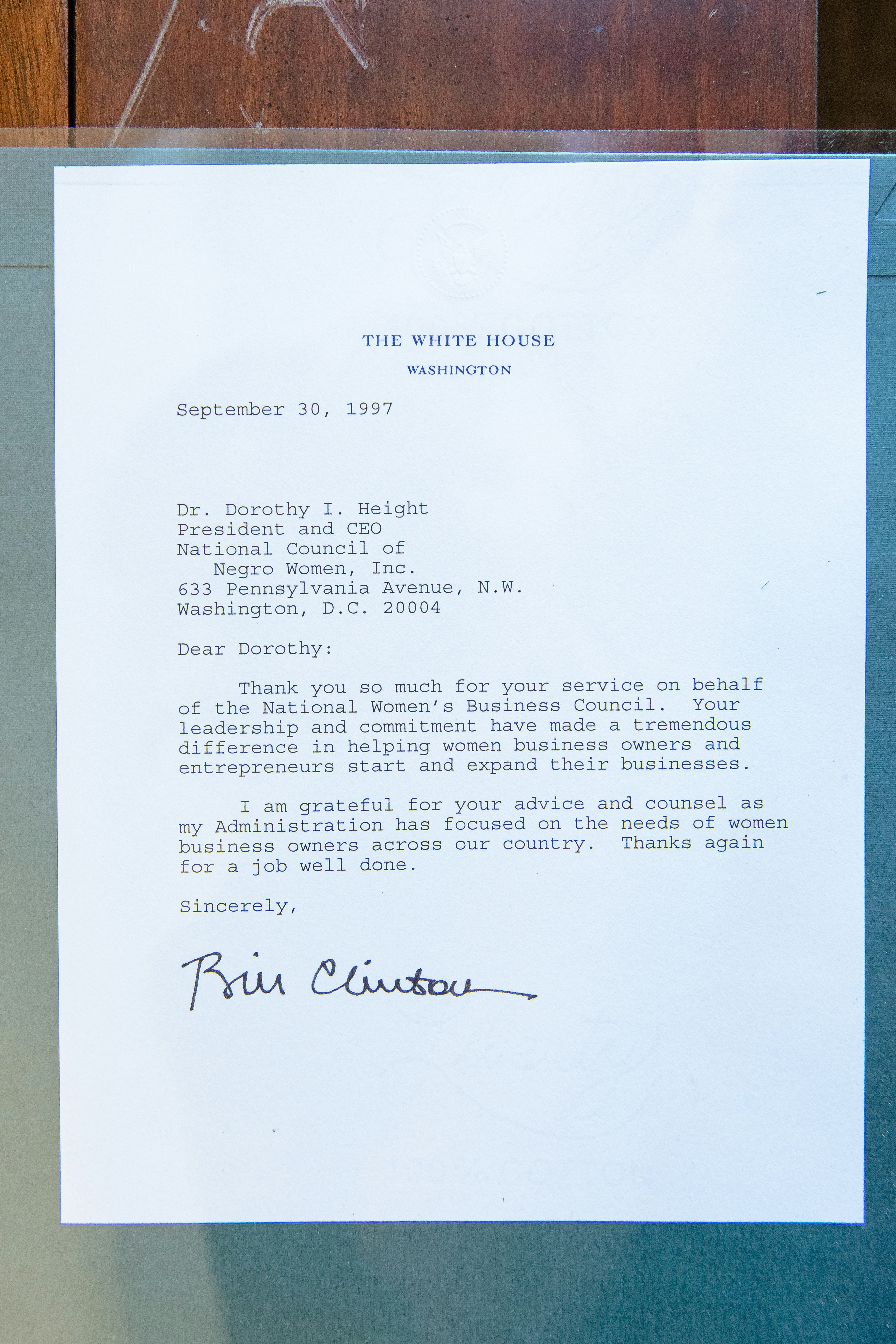 A letter from President BIll Clinton on White House stationery thanks Height for her service on the National Women's Business Council, dated September 30, 1997.