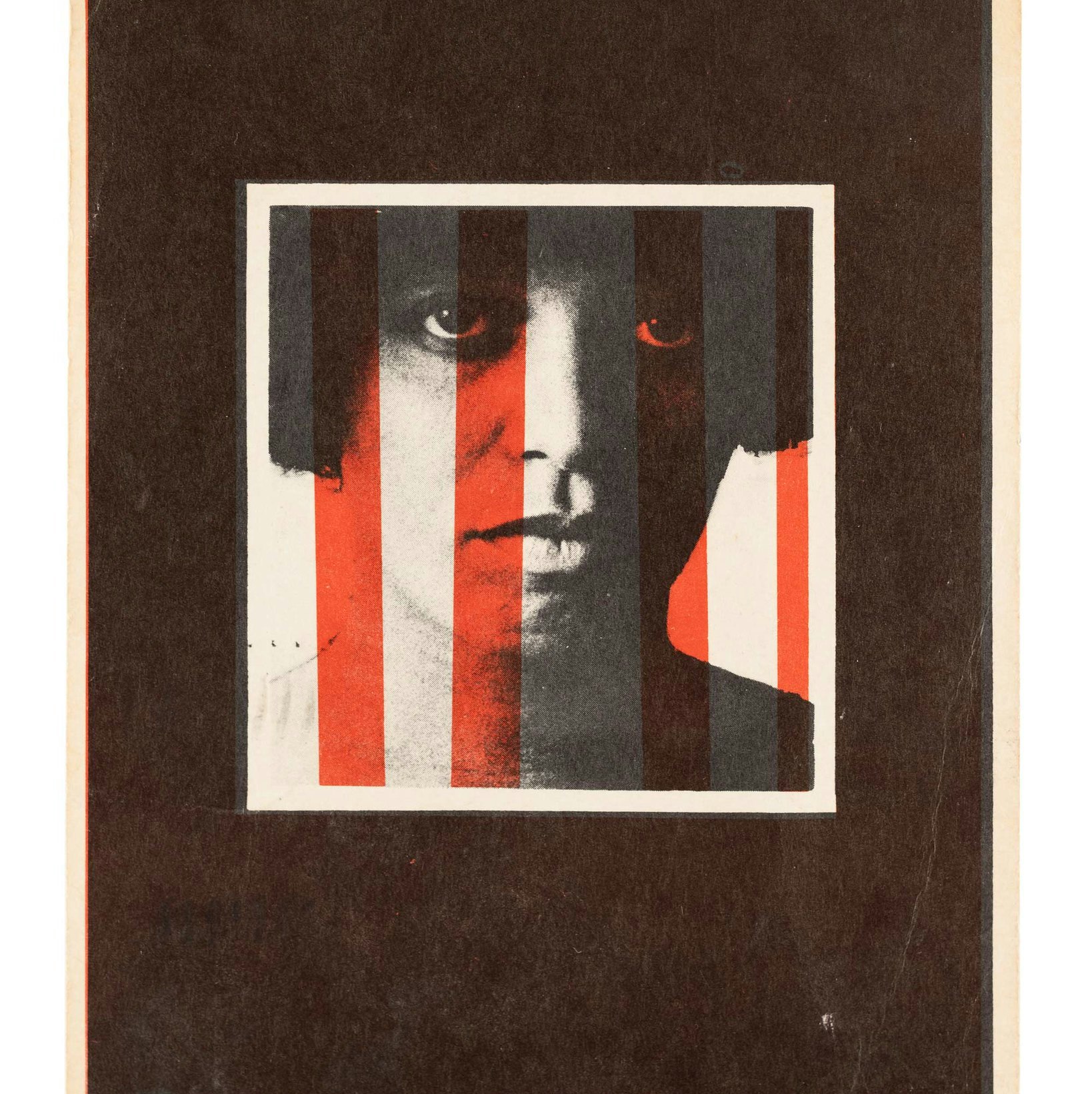 Postcard with text "Free Angela!" Image is of Angela Davis' face with red stripes vertically.