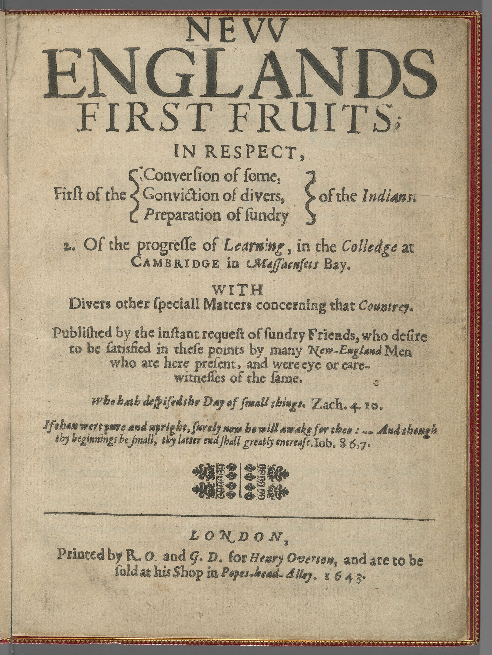 Title page of New England's First Fruits pamphlet