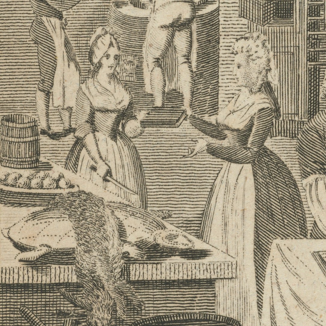 Detail of frontispiece from Art of Cookery, Made Plain and Easy, by a Lady (i.e., Hannah Glasse), circa 1790. Courtesy of Schlesinger Library